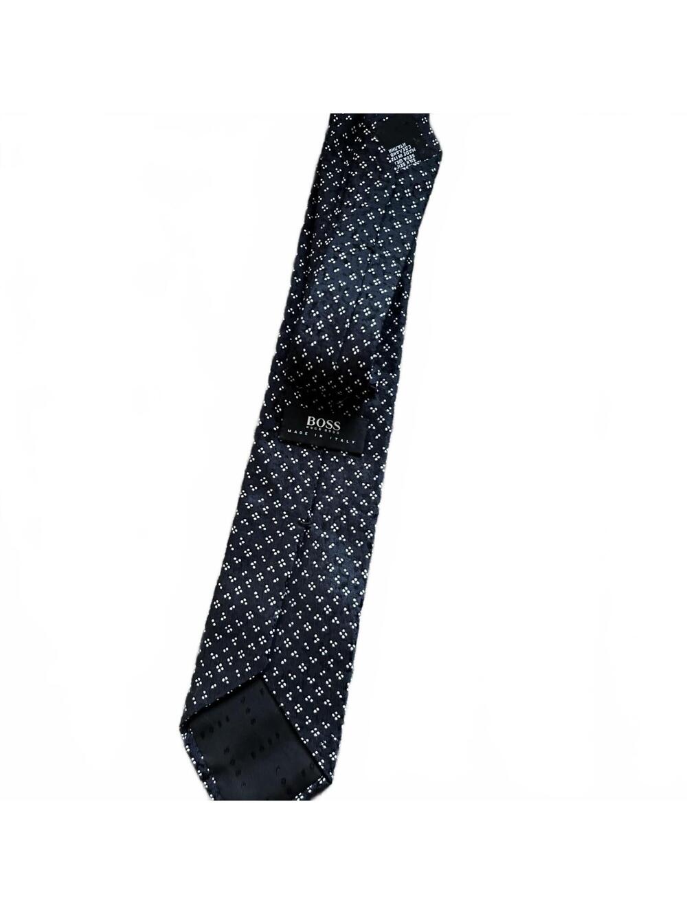 BOSS Navy Blue Silk Tie with White Dot Pattern